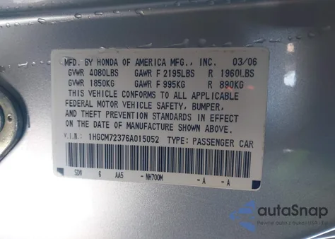 2006 Honda Accord 2.4 Lx from USA, damaged, VIN 1HGCM72376A015052